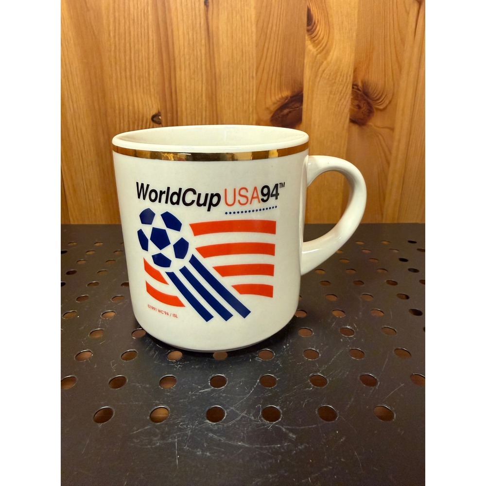 Vintage 1994 FIFA World Cup USA Soccer Coffee Mug Gold Rim WC94 ISL